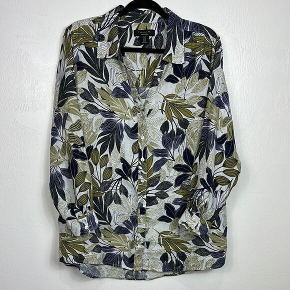 Tahari Linen Leaf Print Long Sleeve Button Down Shirt Size 1X - Picture 1 of 8